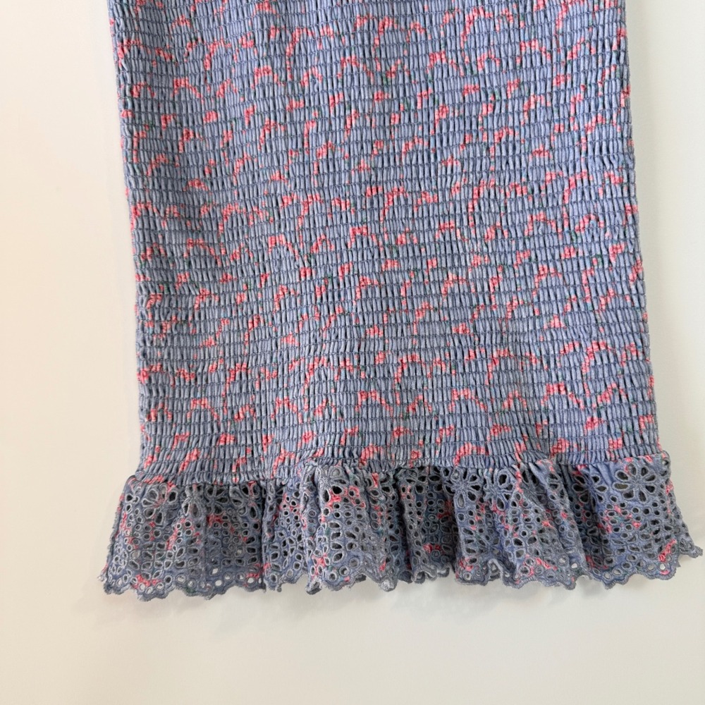 Free People McKenna Velvet Midi Dress Womens XS Blue Pink Floral Smocked Ruffle - Picture 10 of 16